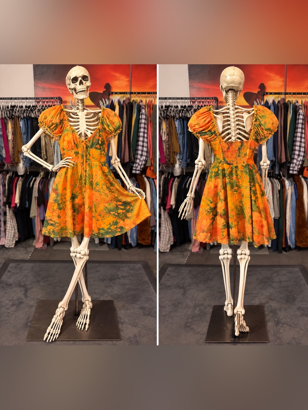 Urban Outfitters Orange & Green Floral Puff-Sleeve Mini Dress